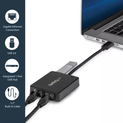 StarTech.com USB 3.0 to Dual Port Gigabit Ethernet Adapter NIC w/ USB Port