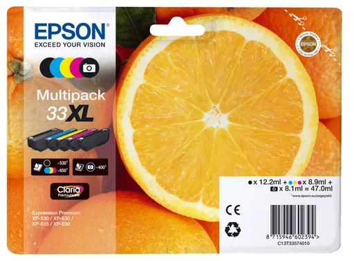 Epson C13T33574021/33XL Ink cartridge multi pack high-capacity Bk,C,M,Y,PBK Blister Acustic Magnetic 12,2ml+3x8,9ml+8,1ml Pack=5 for Epson XP 530