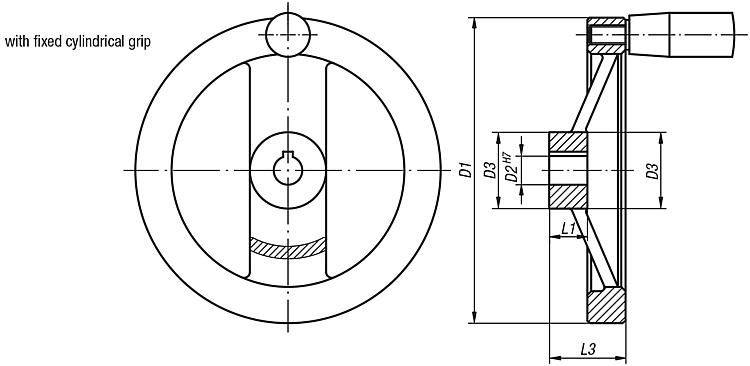 2 Spoke Handwheel. Fixed Handle. 12mm H7 Reamed Hole. 125mm Overall Diameter. With Keyway. Aluminium.