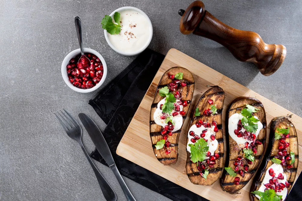 Yoghurt and harissa roasted aubergines