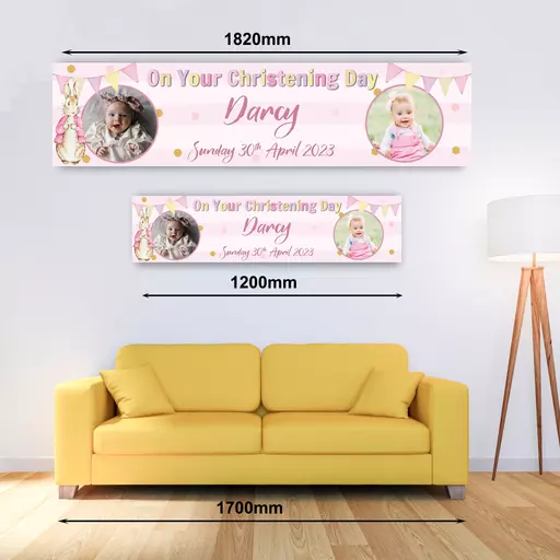 Personalised Banner - Peter Rabbit Style Pink Christening Banner