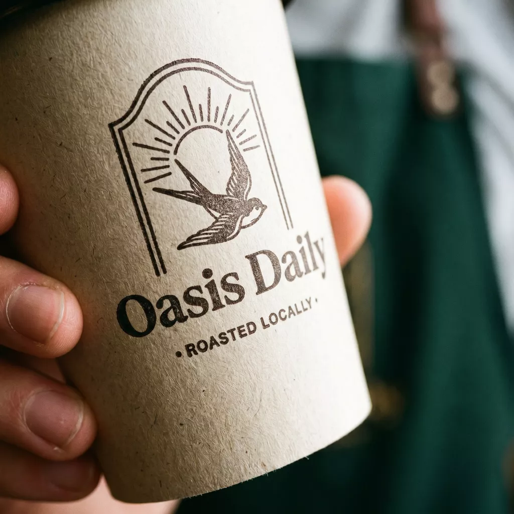 Custom printed kraft ripple coffee cup with illustrated bird logo held by barista