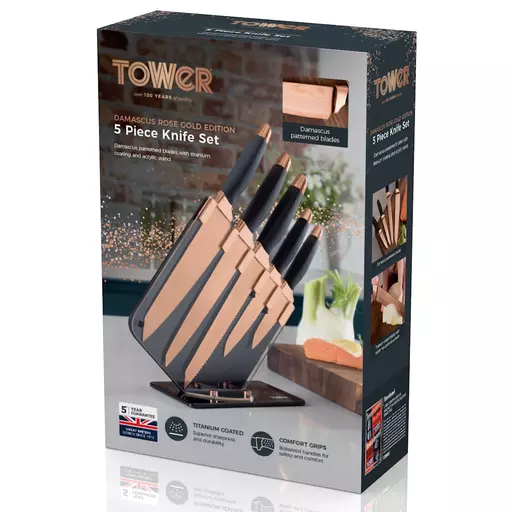 Tower Rose Gold And White 5 Piece Knife Block Set