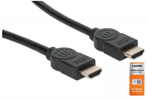 Manhattan HDMI Cable with Ethernet, 4K@60Hz (Premium High Speed), 1.8m, Male to Male, Black, Equivalent to HDMM2MP (except 20cm shorter), Ultra HD 4k x 2k, Fully Shielded, Gold Plated Contacts, Lifetime Warranty, Polybag