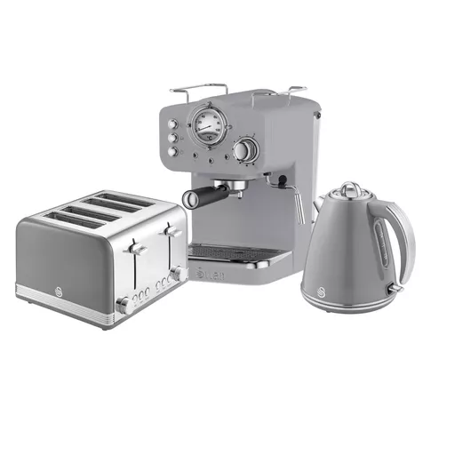 Retro 4 Slice Toaster, Cordless Kettle and Coffee Machine Bundle in Grey