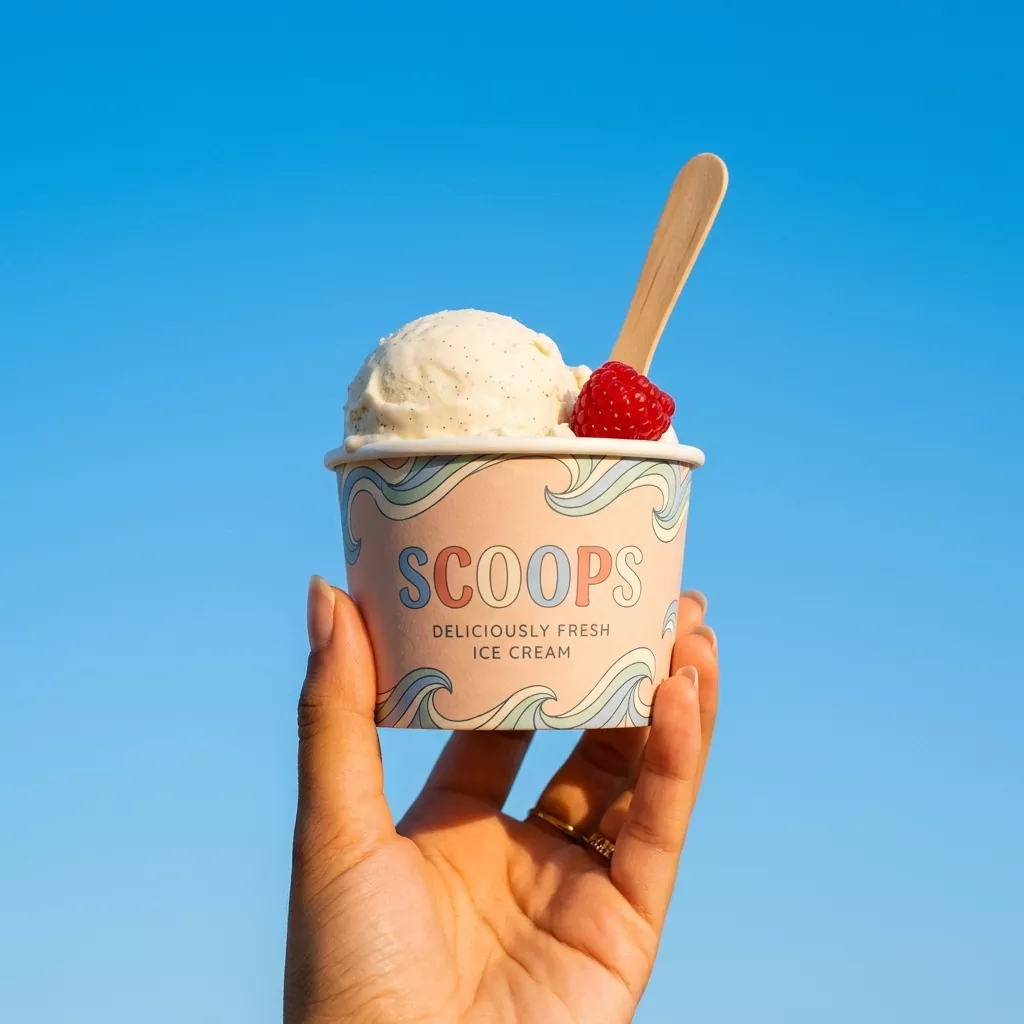 Hand holding a custom printed branded paper ice cream cup against a blue sky, seaside style