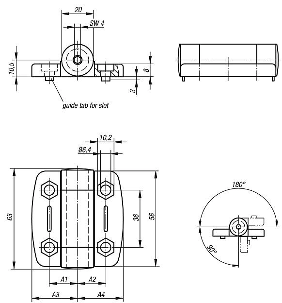HINGE W. ADJ. FRICTION 54X56, THERMOPLASTIC BLACK, COMP:STAINLESS STEEL, A1=17,75, A2=17,75, A3=27, A4=27