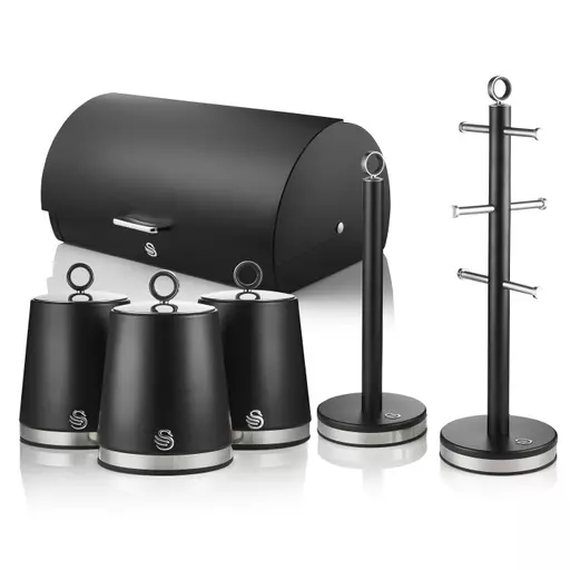 Swan Serenity Bread Bin, 3 Kitchen Storage Canisters, Towel Pole and Mug Tree