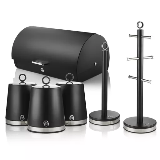 Swan Serenity Bread Bin, 3 Kitchen Storage Canisters, Towel Pole and Mug Tree
