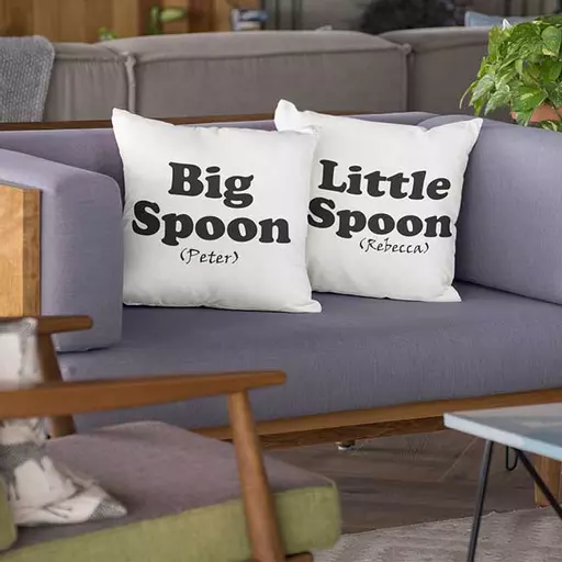 Funny Big Spoon and Little Spoon personalised throw pillows. custom couples gift set