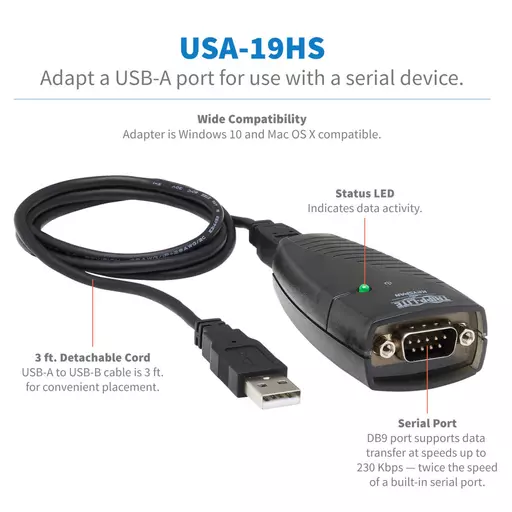 Tripp Lite USA-19HS Keyspan USB to Serial Adapter - USB-A Male to DB9 RS232 Male, 3 ft. (0.91 m), TAA