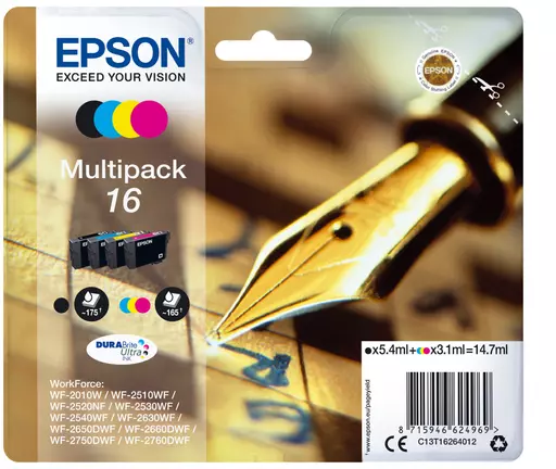 Epson C13T16264012/16 Ink cartridge multi pack Bk,C,M,Y 175pg + 3x165pg, 1x5.4ml + 3x3.1ml Pack=4 for Epson WF 2010/2660/2750