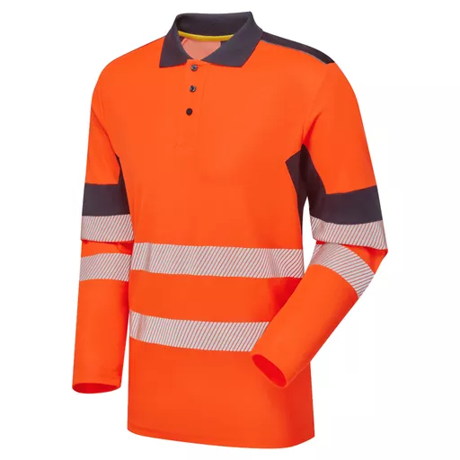 SYH-305- System-Hi-Vis-Orange-Navy-CottonCool-Long-Sleeve-Polo-With-Segmented-Tape-Front Angle Left.jpg.png