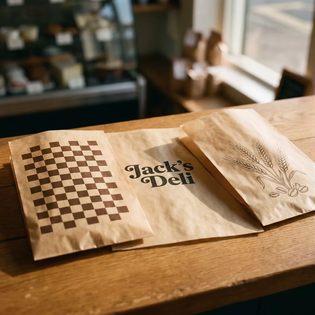 Custom printed kraft greaseproof flat bags with branded designs on a cafe counter