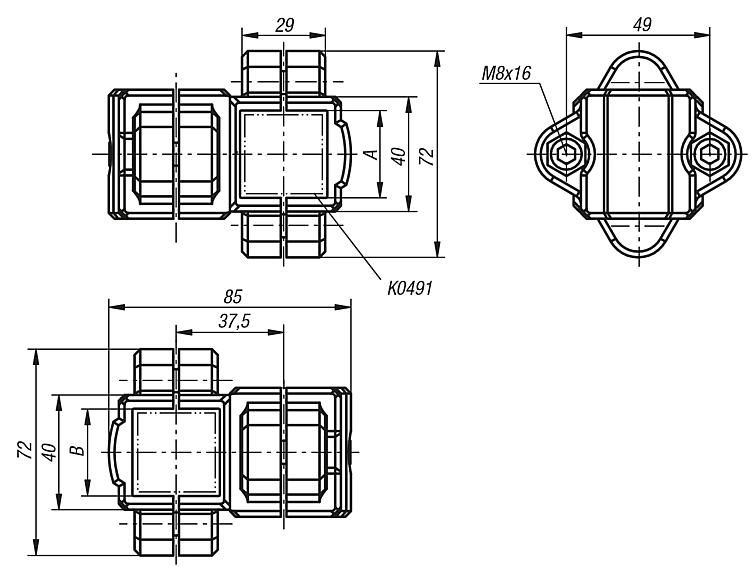 Cross Tube Clamp.To Suit 30mm Square Tubes. Plastic.