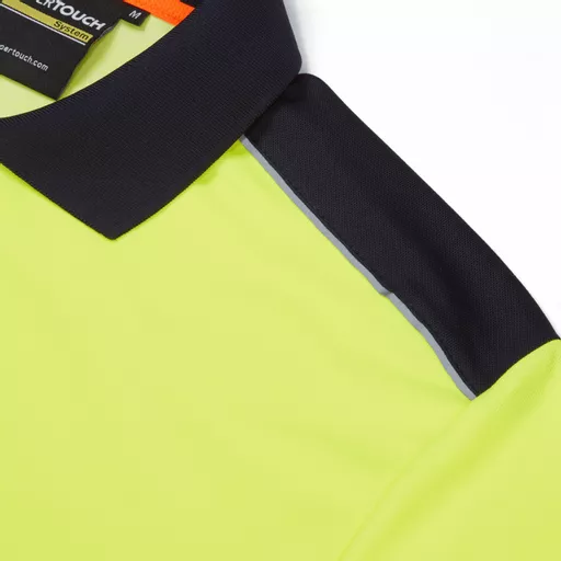 SYH-304C-System-Hi-Vis-Eco-CottonCool-Short-Sleeve-Yellow-Navy-Polo-Front-Detail With Segmented Tape.png
