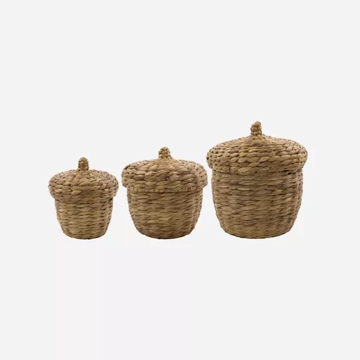 Basket with lid, Aske, Natural, Set of 3