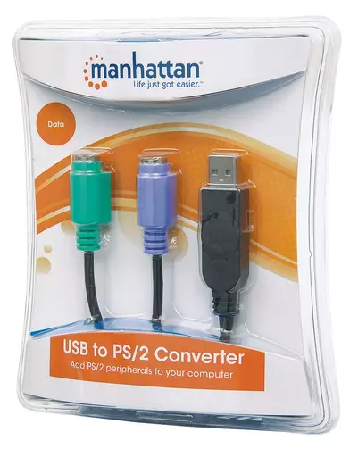 Manhattan USB-A to PS/2 Converter cable, 15cm, Male to Female, Black, Connects Two PS/2 Devices via One USB-A Port, Equivalent to USBPS2PC, Three Year Warranty, Blister