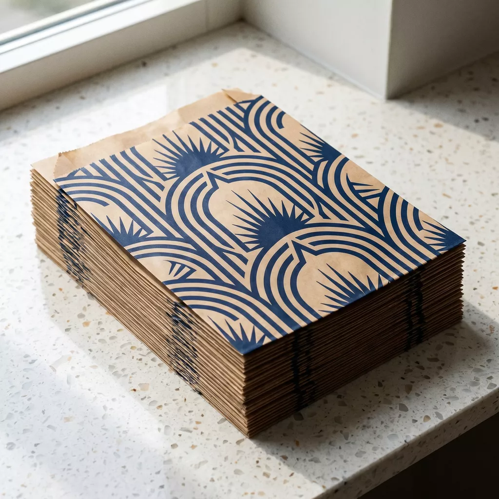 Stack of custom printed kraft greaseproof bags with bold navy Art Deco pattern