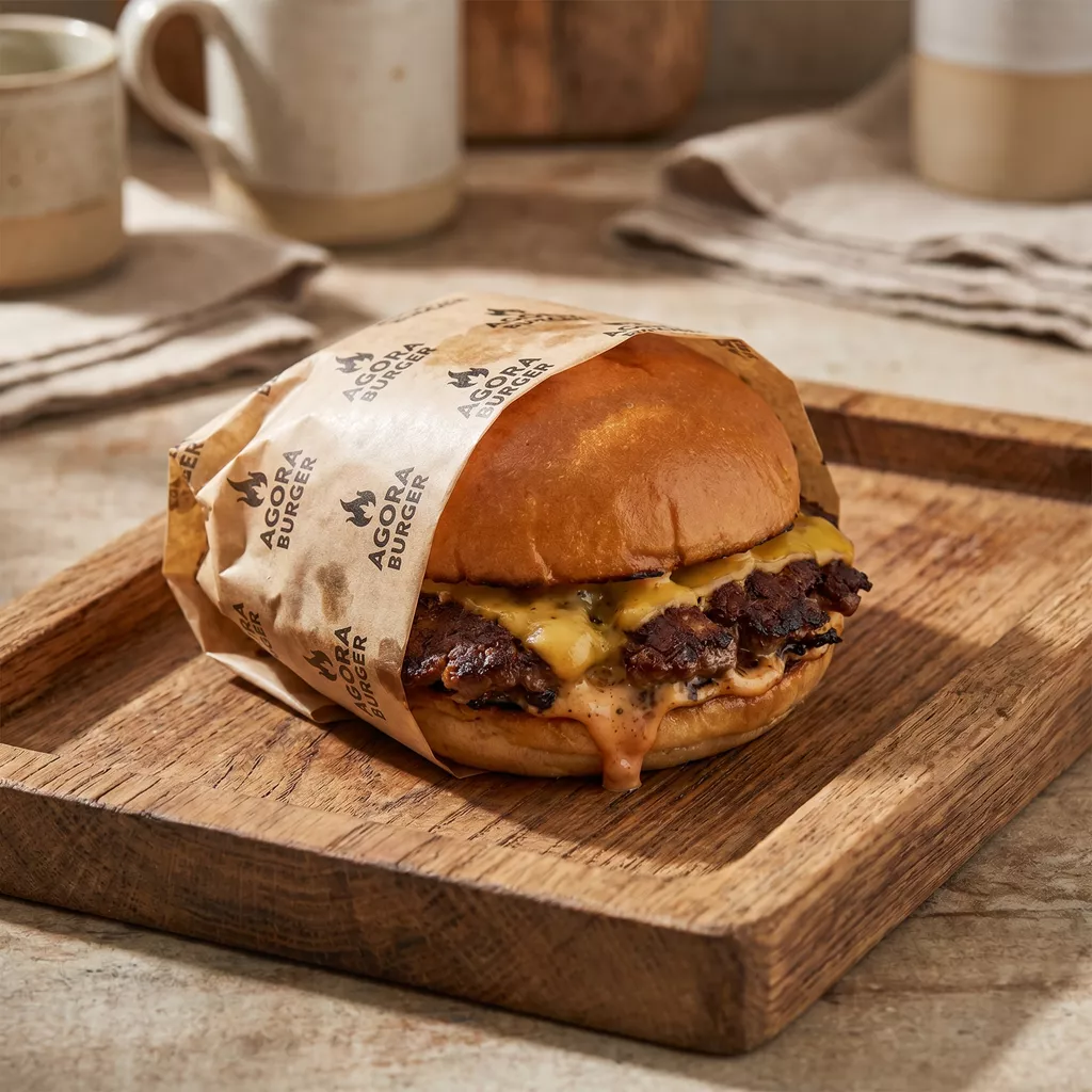 Custom printed branded greaseproof wrapping paper around a burger on a wooden board