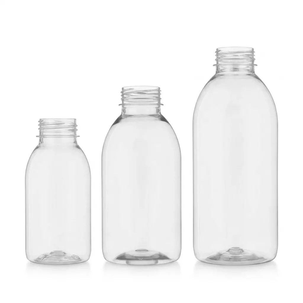 Frankie Round wide neck clear PET juice bottles in three sizes