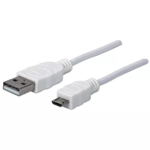 Manhattan USB-A to Micro-USB Cable, 1.8m, Male to Male, 480 Mbps (USB 2.0), Hi-Speed USB, White, Lifetime Warranty, Polybag