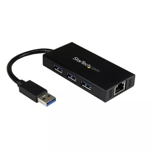 StarTech.com 3-Port Portable USB 3.0 Hub plus Gigabit Ethernet - Aluminum with Built-in Cable~3-Port Portable USB 3.0 Hub plus Gigabit Ethernet - 5Gbps - Aluminum with Built-in Cable