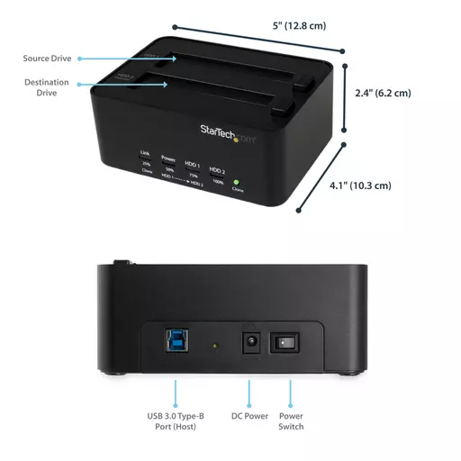 StarTech.com Dual Bay Hard Drive Duplicator and Eraser, Standalone SATA HDD/SSD Cloner/Copier, USB 3.0 to SATA Docking Station, Hard Drive Duplicator and Sanitizer Dock, Toolless / Top-Loading Design