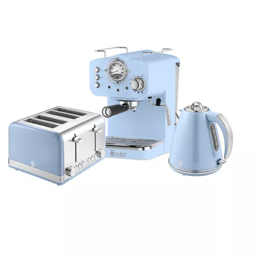 Retro 4 Slice Toaster, Cordless Kettle and Coffee Machine Bundle in Blue