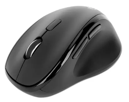 Manhattan Ergonomic Wireless Mouse, Right Handed, Adjustable 800/1200/1600dpi, 2.4Ghz (up to 10m), Six Button with Scroll Wheel, Combo USB=A and USB-C receiver, Black, AA battery (included), Three Year Warranty, Retail Box