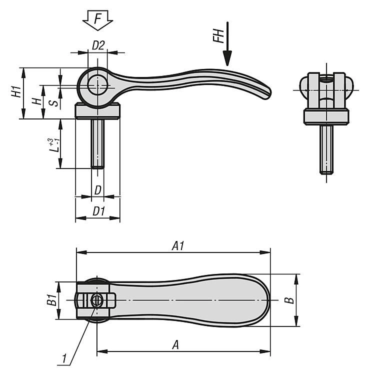 Adjustable Cam Lever. 52.3mm Handle Length. M5x40mm Stainless Steel Thread. Blasted.