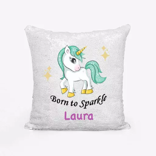 Born to Sparkle Sequin Cushion Cover. Personalised Unicorn Name Gift