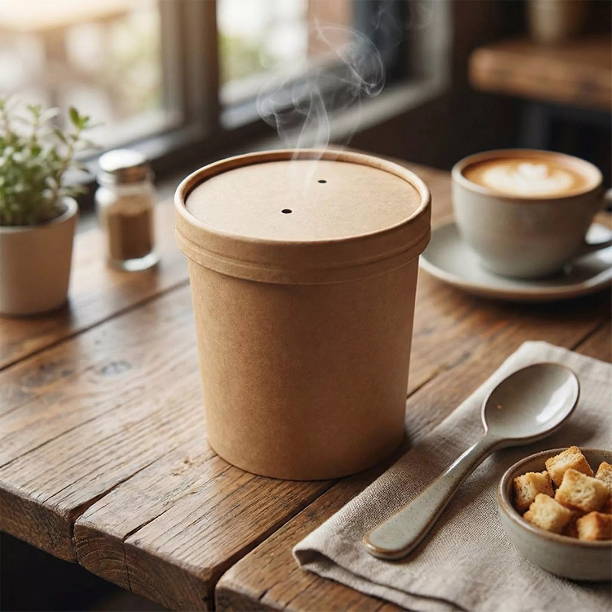 Soup containers and lids in white and kraft for food service
