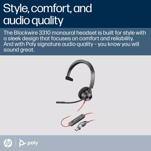 Poly Blackwire 3310 Monaural Microsoft Teams Certified USB-C Headset +USB-C/A Adapter