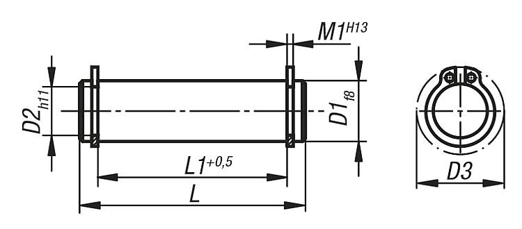 Hinge Pin With Retaining Ring. 10mm Diameter. 35mm Long. Steel.