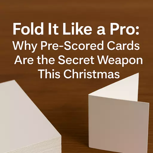 Pre-scored blank Christmas cards with fold line, red snowflake, and call-to-action text.