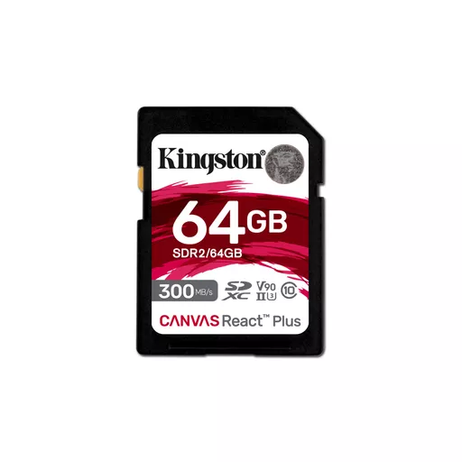 Kingston Technology 64GB Canvas React Plus SDXC UHS-II 300R/260W U3 V90 for Full HD/4K/8K