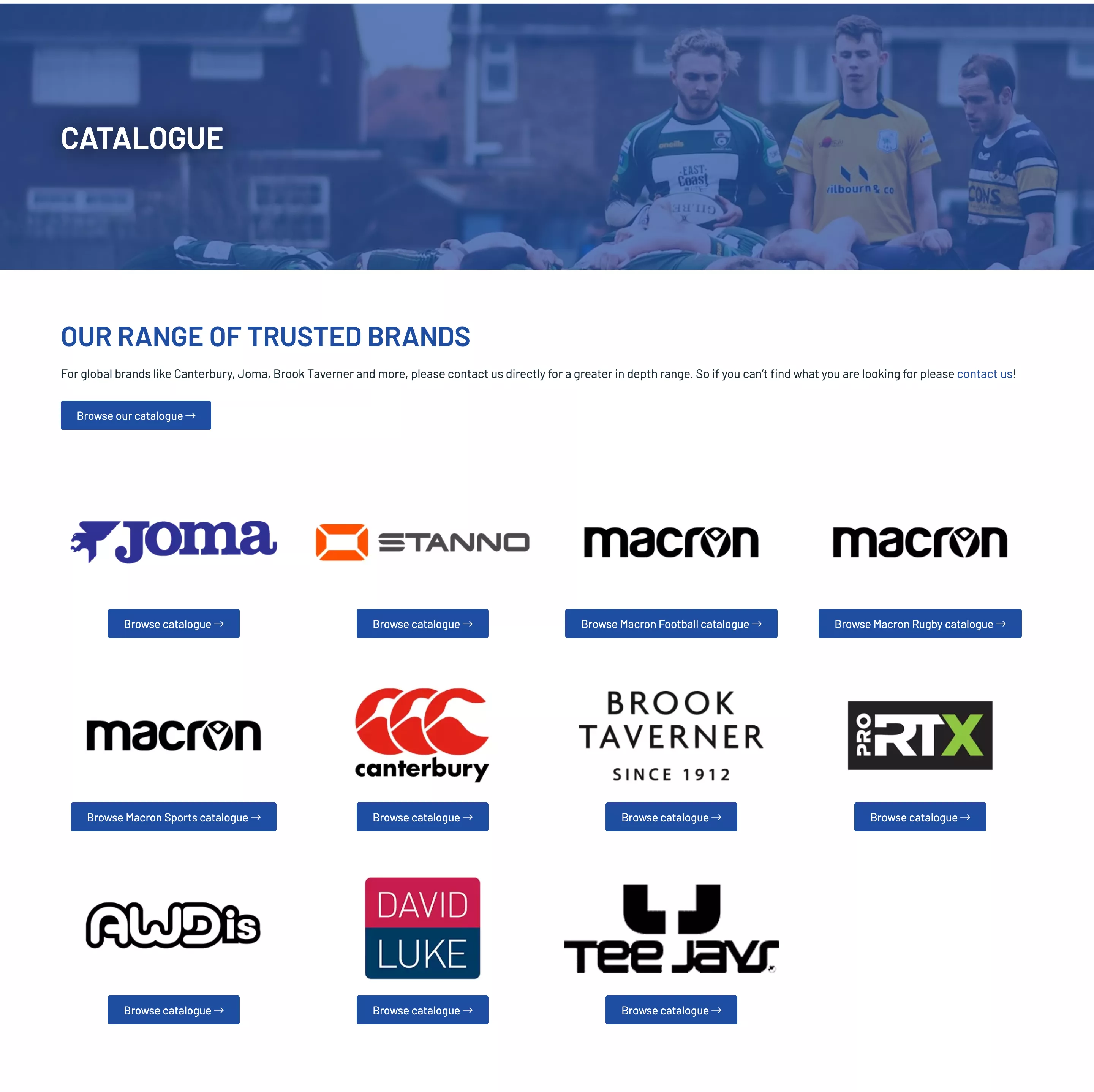 Screenshot of the Blue Blood Sports website catalogues page