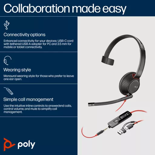Poly Blackwire 5210 Monaural USB-C Headset +3.5mm Plug +USB-C/A Adapter (Bulk)
