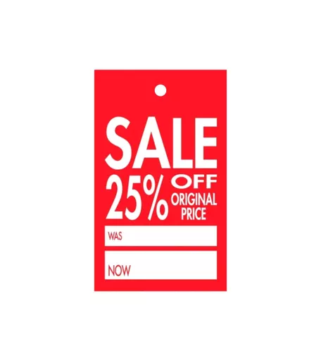 'Sale 25% Off Original Price Was / Now Sale' Tickets for Hangers - 75mm x 125mm [Pack of 100]