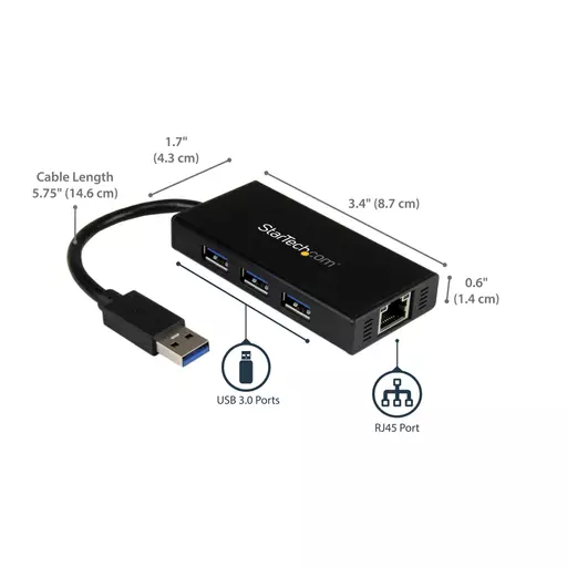 StarTech.com 3-Port Portable USB 3.0 Hub plus Gigabit Ethernet - Aluminum with Built-in Cable~3-Port Portable USB 3.0 Hub plus Gigabit Ethernet - 5Gbps - Aluminum with Built-in Cable