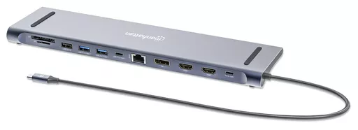 Manhattan USB-C Dock/Hub with Card Reader, Ports (x10): Audio 3.5mm, DisplayPort, Ethernet, HDMI (x2), USB-A (x3) and USB-C (x2), Power Delivery (100W) to USB-C Port (Note add USB-C wall charger and USB-C cable needed),4K@60Hz,All Ports can be used at the