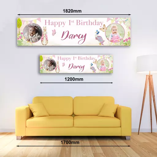 Personalised Banner - Peter Rabbit & Jemima Style Pink Age Photo Banner