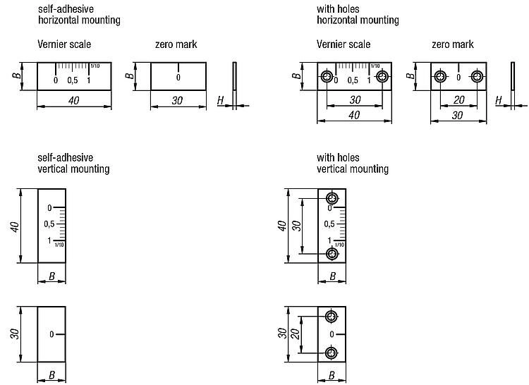 Zero Mark. Holes. 30mm Length. Horizontal. Zero Reference Mark. Aluminium.