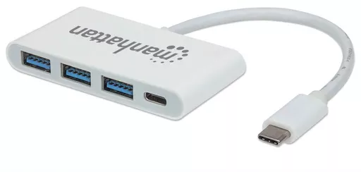 Manhattan USB-C Dock/Hub, Ports (x4): USB-A (x3) and USB-C, 5 Gbps (USB 3.2 Gen1 aka USB 3.0), With Power Delivery (60W) to USB-C Port (Note additional USB-C wall charger and USB-C cable needed), SuperSpeed USB, White, Three Year Warranty, Blister