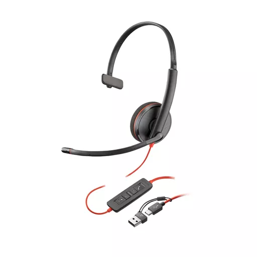 POLY Blackwire 3210 Monaural USB-C Black Headset +USB-C/A Adapter (Bulk)