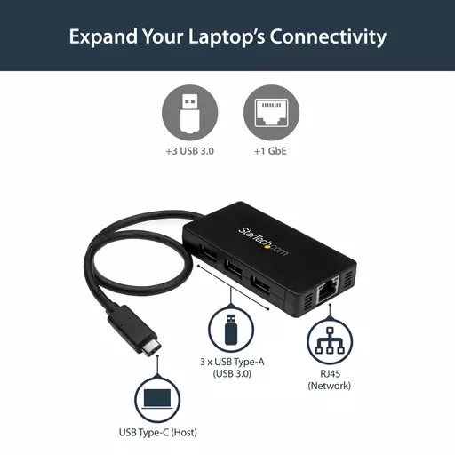 StarTech.com 3-Port USB 3.0 Hub plus Gigabit Ethernet - USB-C - Includes Power Adapter~3-Port USB-C Hub with Gigabit Ethernet - USB-C to 3x USB-A - USB 3.0 (5Gbps) - Includes Power Adapter