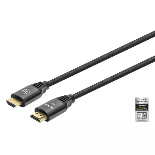 Manhattan HDMI Cable with Ethernet, 8K@60Hz (Ultra High Speed), 1m (Braided), Male to Male, Black, 4K@120Hz, Ultra HD 4k x 2k, Fully Shielded, Gold Plated Contacts, Lifetime Warranty, Polybag