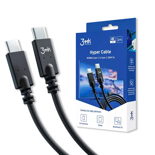 3mk - Hyper Cable (4k60Hz) - 1M USB-C to USB-C Fast Charging Cable (100W) (Black)