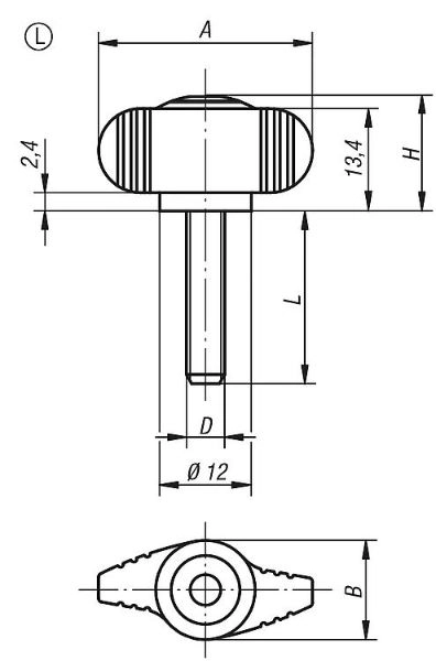 Mini Wing Grip. M6x30mm Steel Thread. 28mm Wing Diameter.